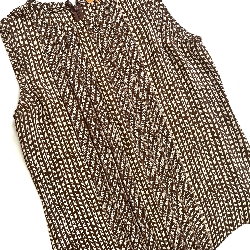 TORY BURCH Brown White Silk Sleeveless Blouse Top